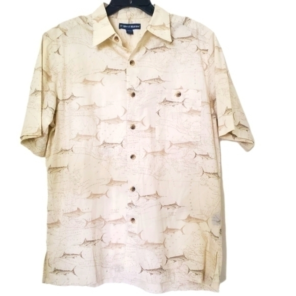 West Marine Men's Casual Marlin Swordfish Cotton Short‎ Sleeve Shirt with Pocket